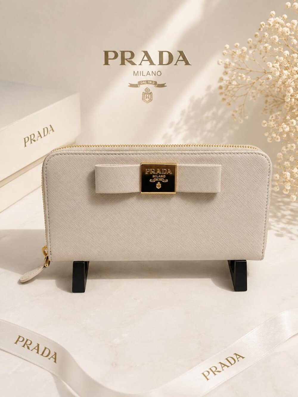 Authentic Prada Saffiano Fiocco Bow Zip-Around Wallet